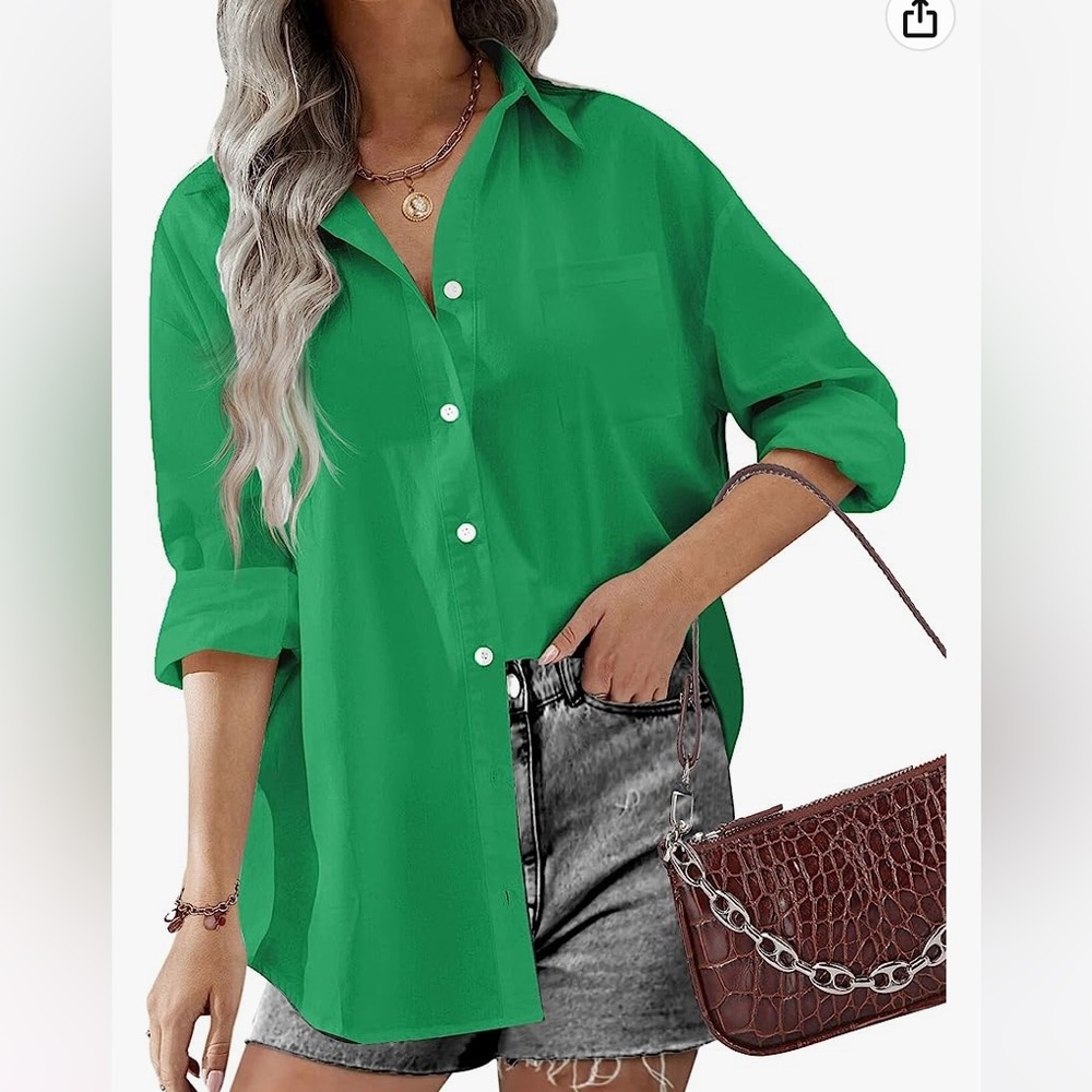 women’s green button down long sleeve top